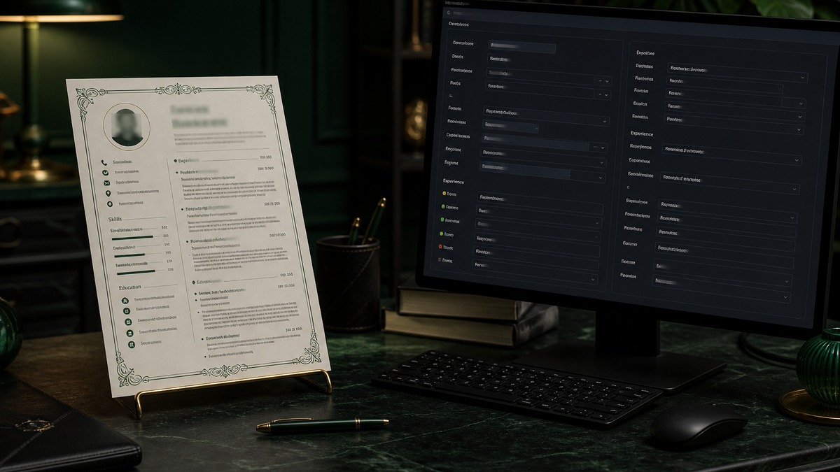 Two-column decorated resume next to a jumbled parsed text file on a monitor