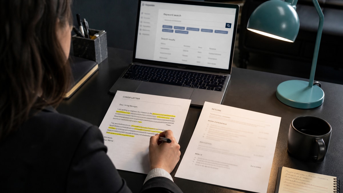 Cover letter and resume side by side with highlighted keywords and an ATS search bar on a dark desk