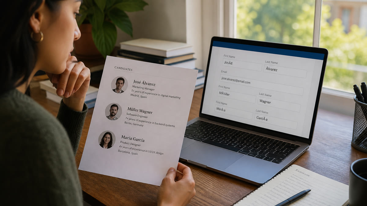Job seeker comparing a resume with accented names against a laptop showing garbled application fields