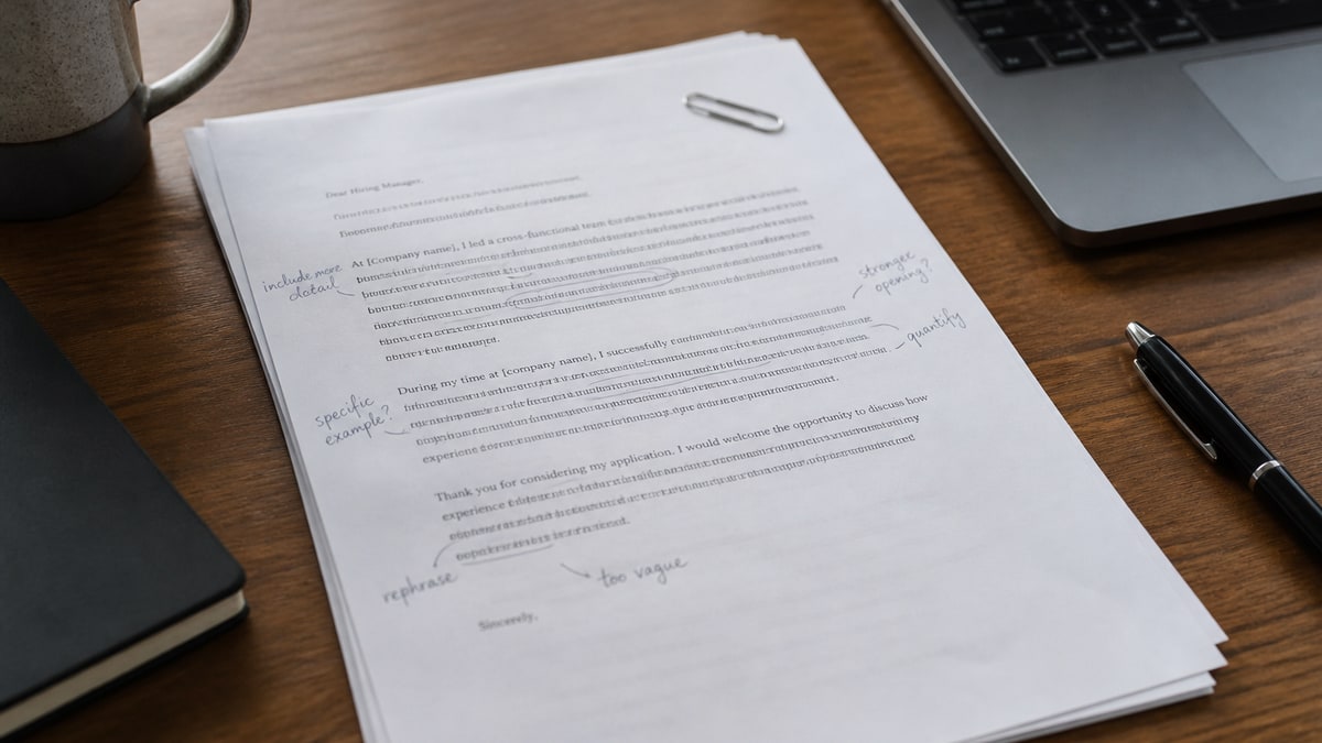 Printed cover letter draft with handwritten edits on a European desk