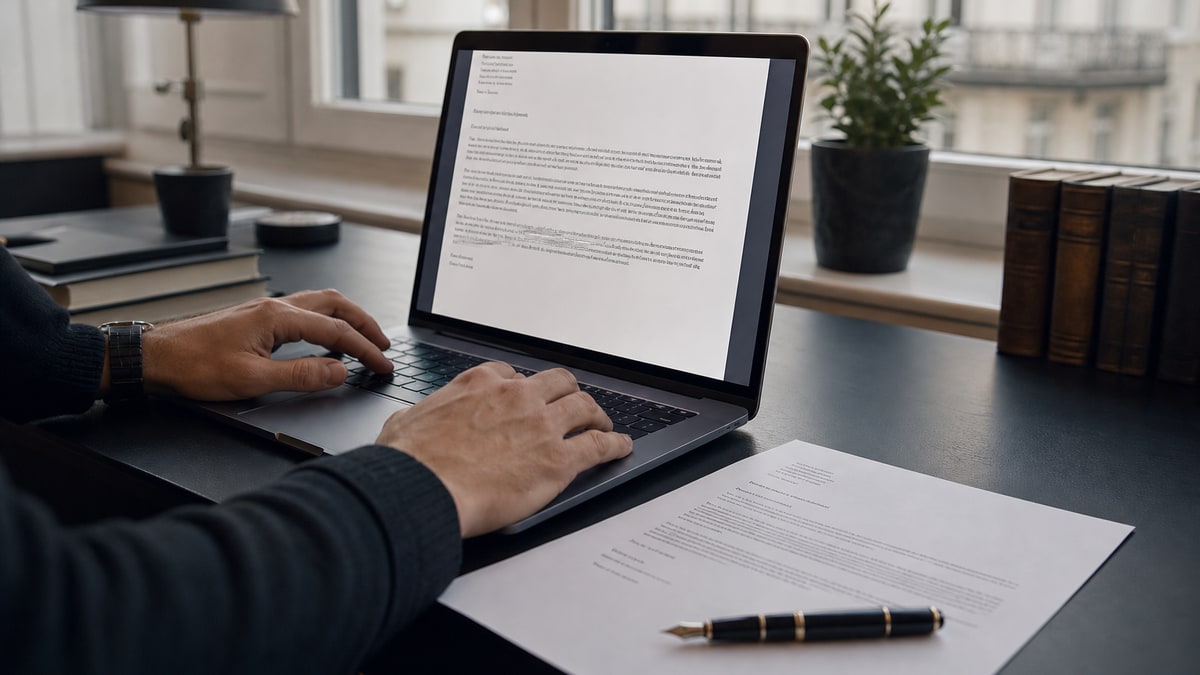Hands writing a formal European cover letter on a laptop beside a printed Anschreiben draft