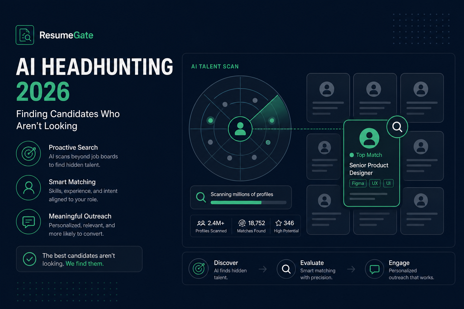 An AI sourcing system scanning many professional profiles and highlighting one match