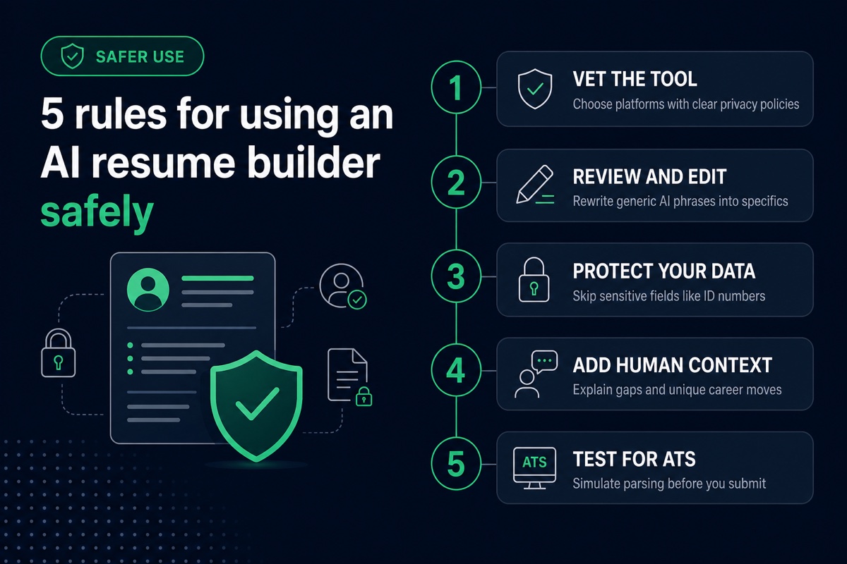 Five rules for using an AI resume builder safely: vet the tool, review and edit, protect your data, add human context, and test for ATS compatibility
