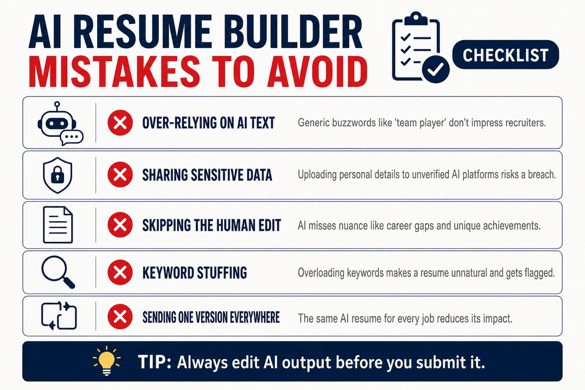 Checklist of the most common AI resume builder mistakes: over-relying on generic AI text, sharing sensitive data, skipping the human edit, keyword stuffing, and sending one version everywhere