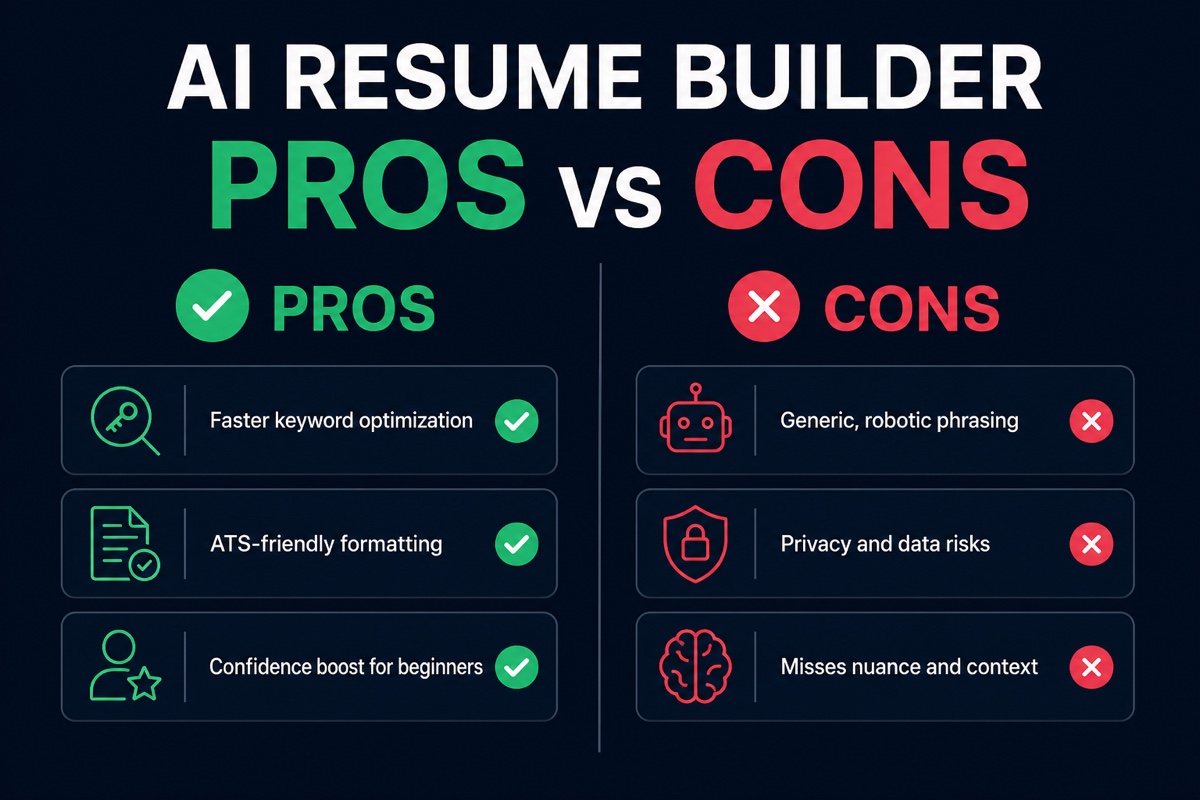 AI resume builder pros versus cons: faster keyword optimization and ATS-friendly formatting weighed against generic phrasing and privacy risk
