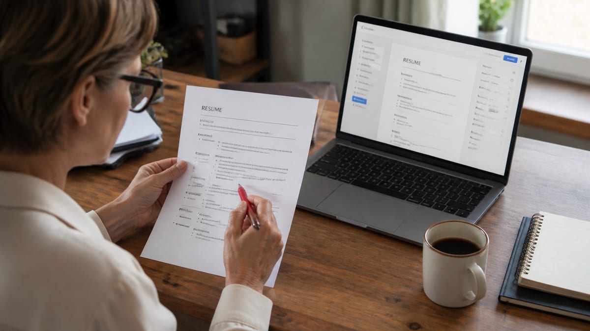 Resume writer reviewing a printed CV beside a laptop resume editor