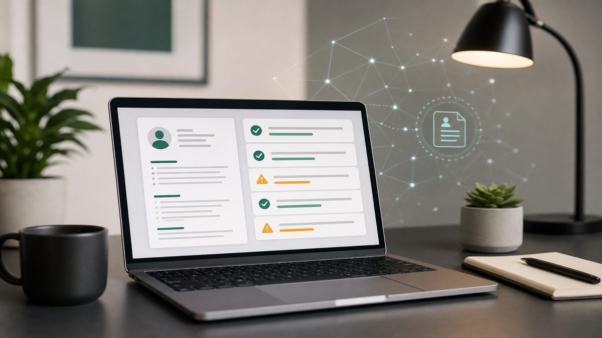 AI resume checker insights highlighting parse flags and profile fixes on a laptop screen