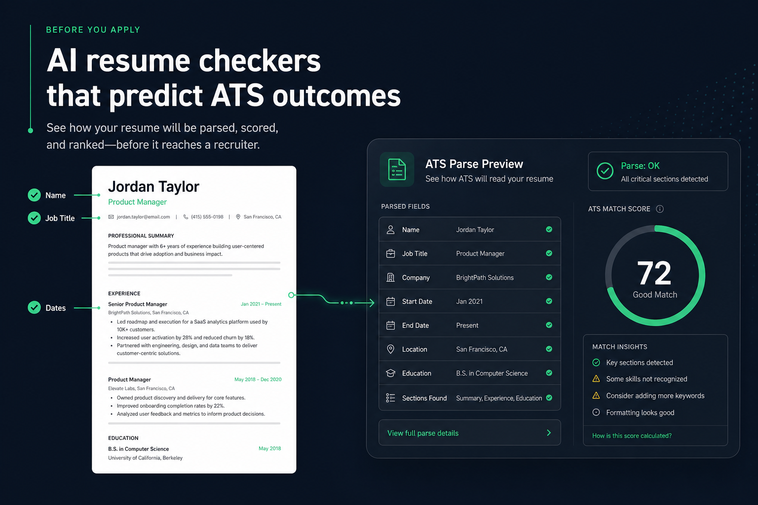 AI resume checker previewing ATS parse and match outcomes before you apply