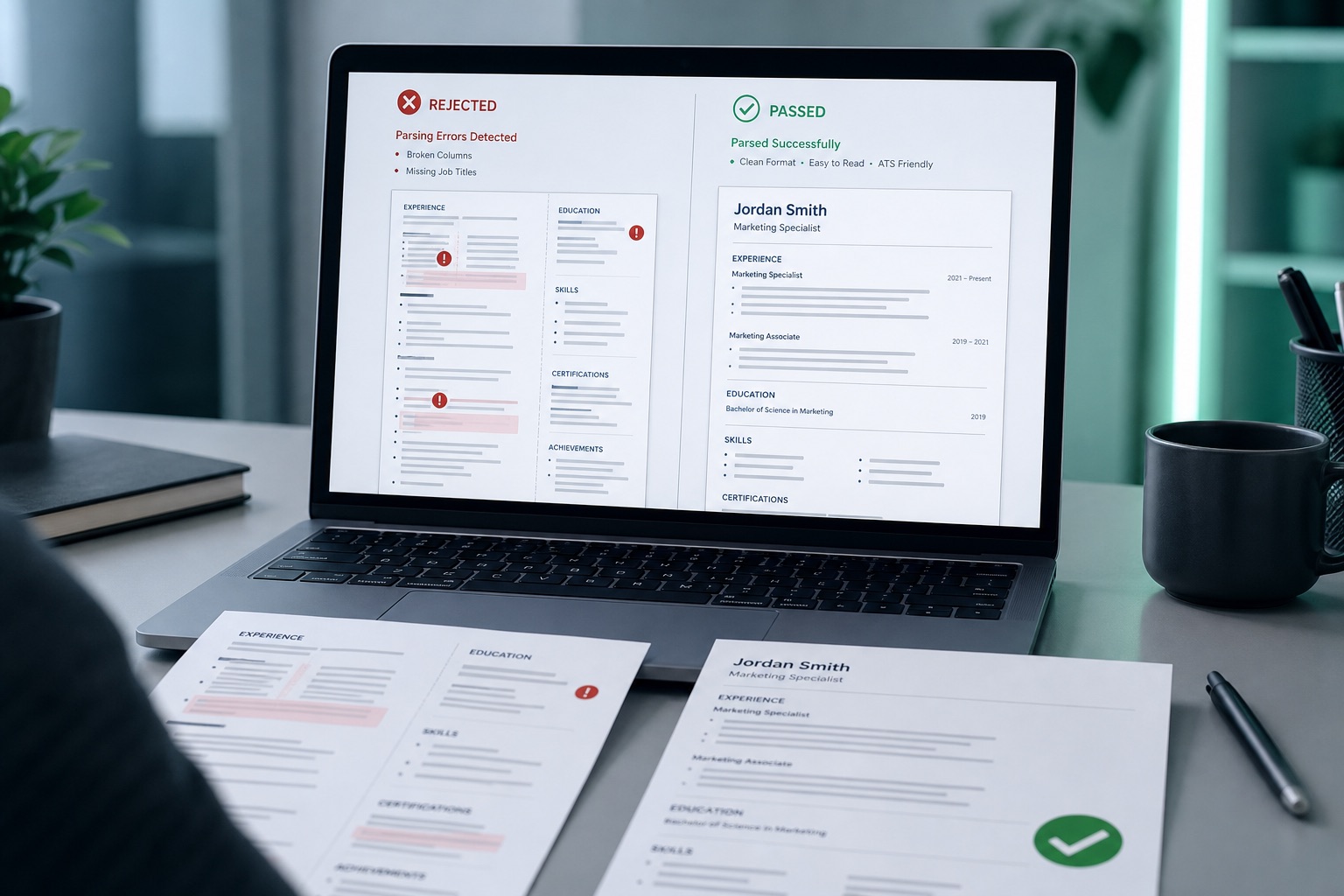 Resume on a laptop showing ATS filter errors next to a clean parse-safe layout