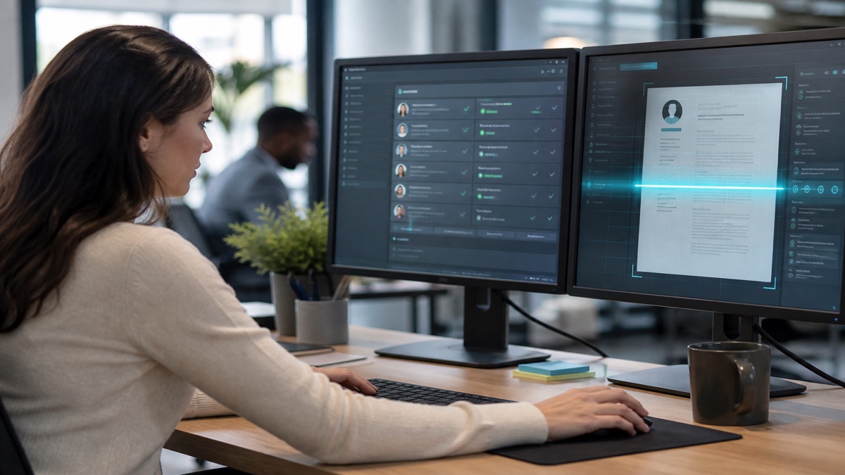 Recruiter reviewing a resume on dual monitors before a human screen