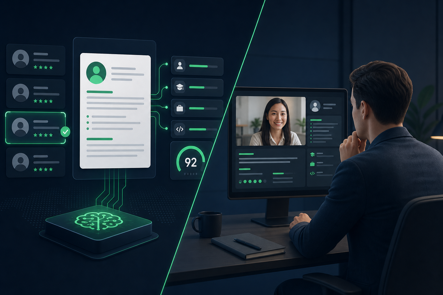 AI resume screening beside a human recruiter interview review
