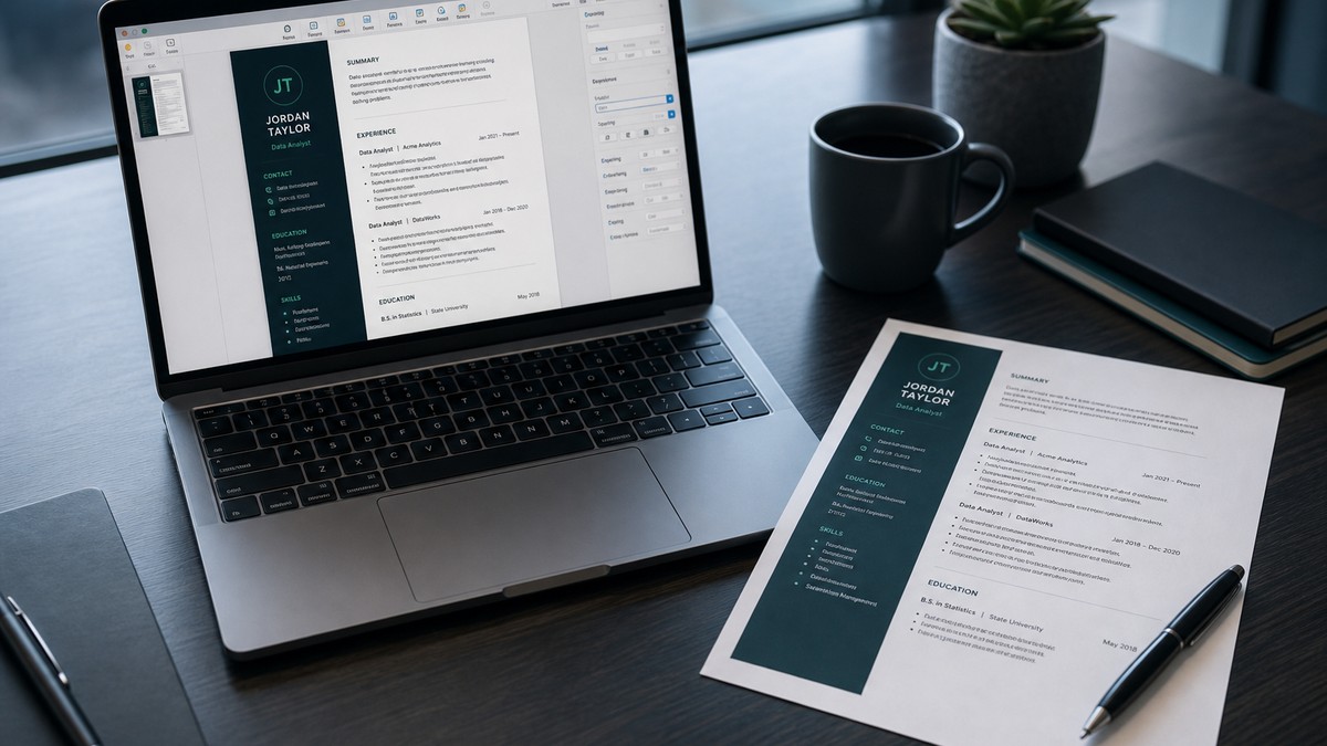 MacBook open to a resume draft beside printed pages on a desk