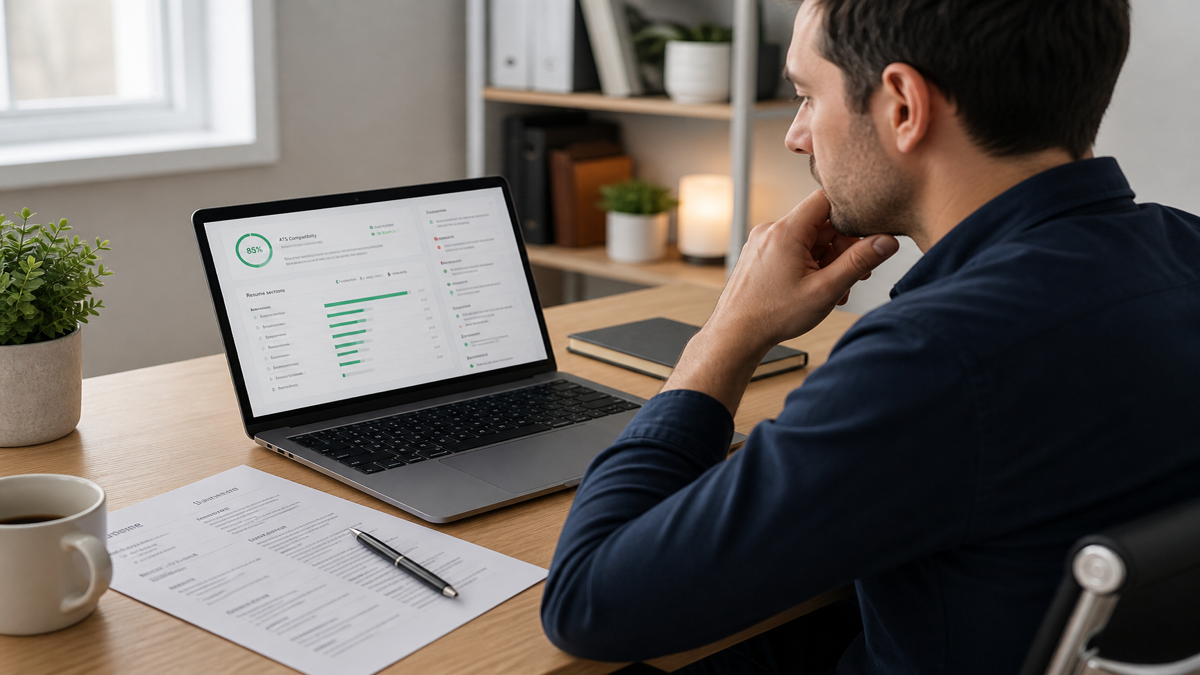 Job seeker reviewing ATS checker results on a laptop beside a printed resume at a home office desk