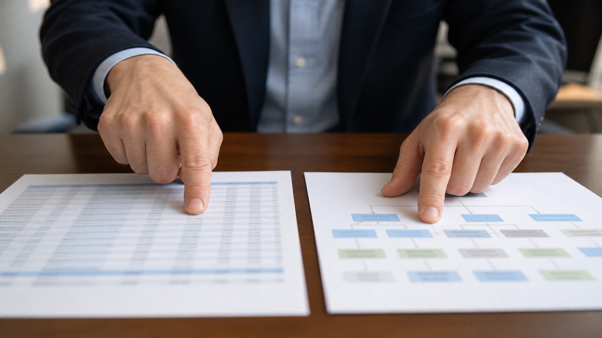 Hands choosing between salary paperwork and an org chart