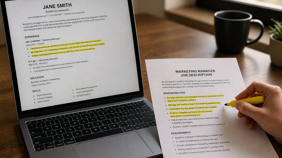 Resume and printed job description side by side with a highlighter