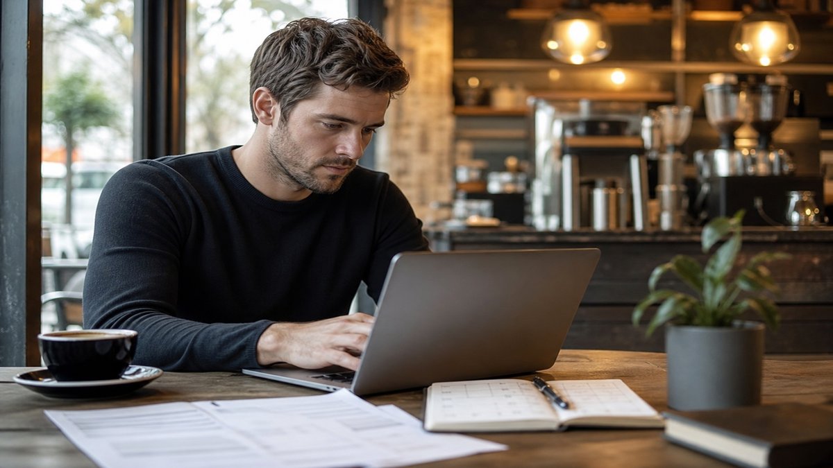 Freelance professional reviewing project contracts and resume on laptop at a coffee shop workspace