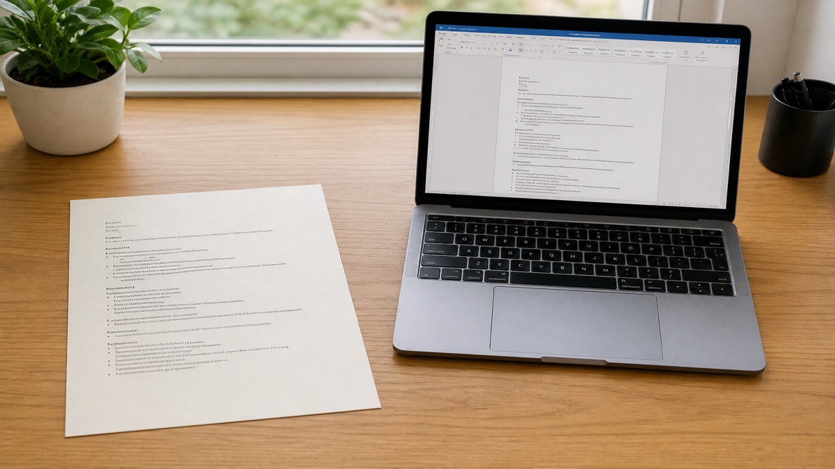 Close-up of a clean single-column resume template on a laptop and printed page