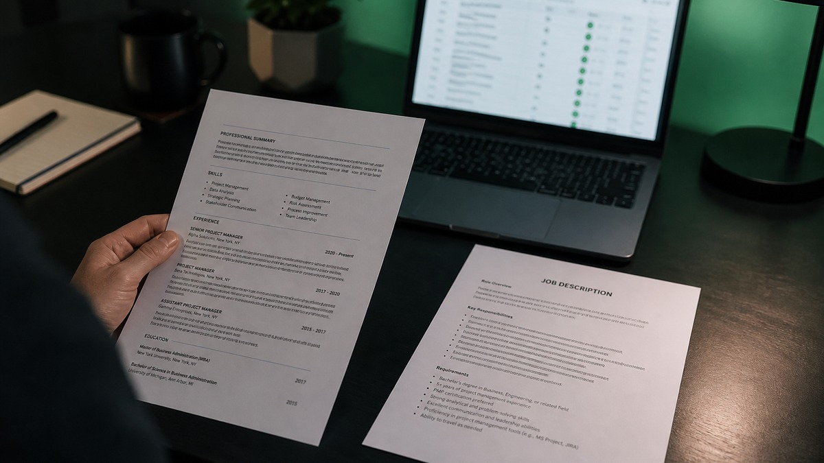 Step-by-step desk: resume PDF, job posting, laptop checker results screen blurred
