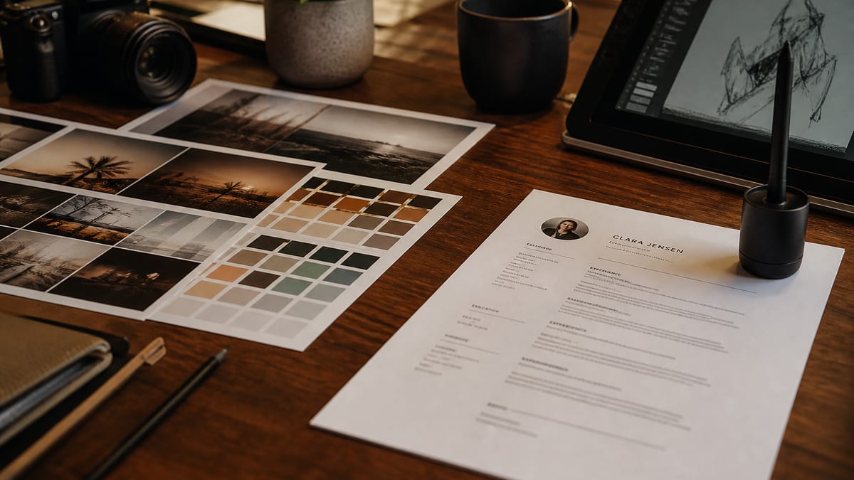 Creative desk with portfolio prints beside a clean single-column resume