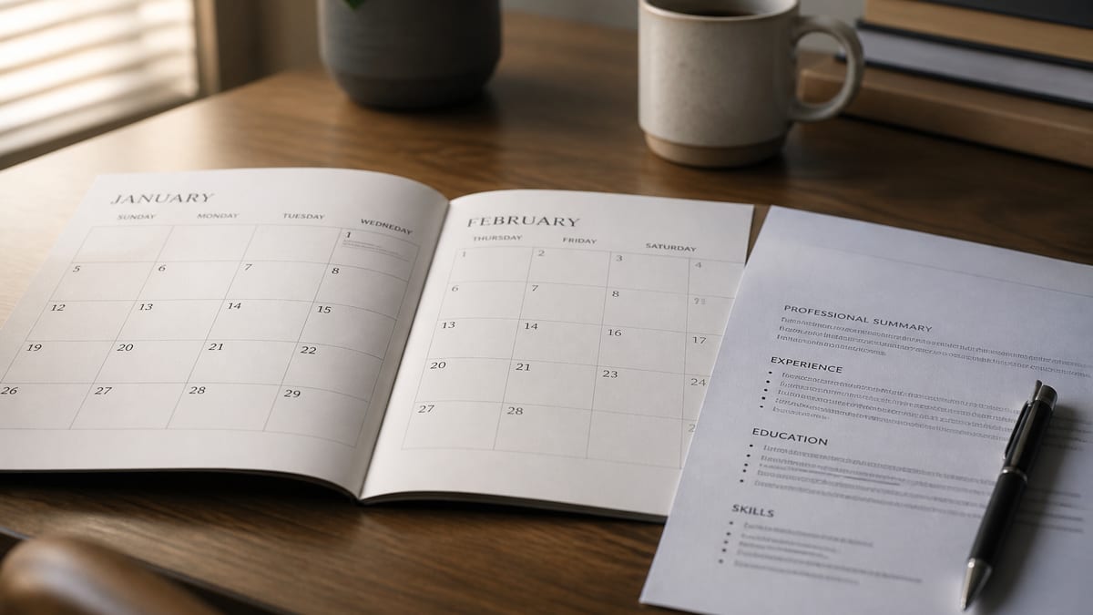 Open calendar and printed resume on a desk showing a gap in dates