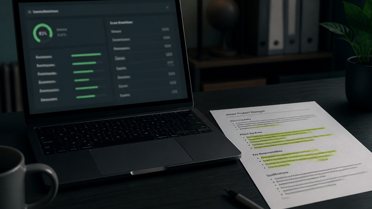 Laptop showing a blurred score breakdown chart next to a highlighted job description