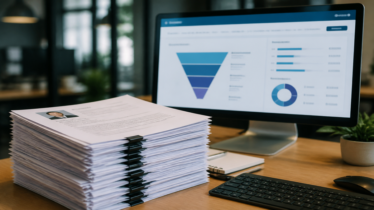 Stack of printed resumes beside a computer monitor showing a hiring funnel dashboard on a recruiter desk