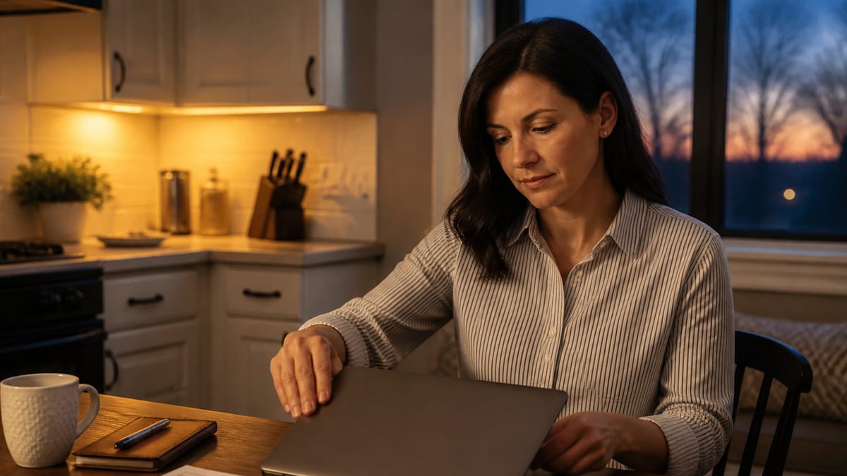 Professional closing a laptop at a kitchen table at dusk after work