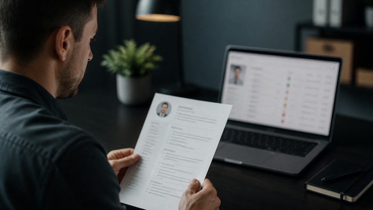 Person at a desk facing a laptop with blurred screening software, printed resume in hand