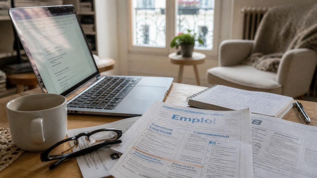 Laptop and printed job listings on a European apartment desk during a job search