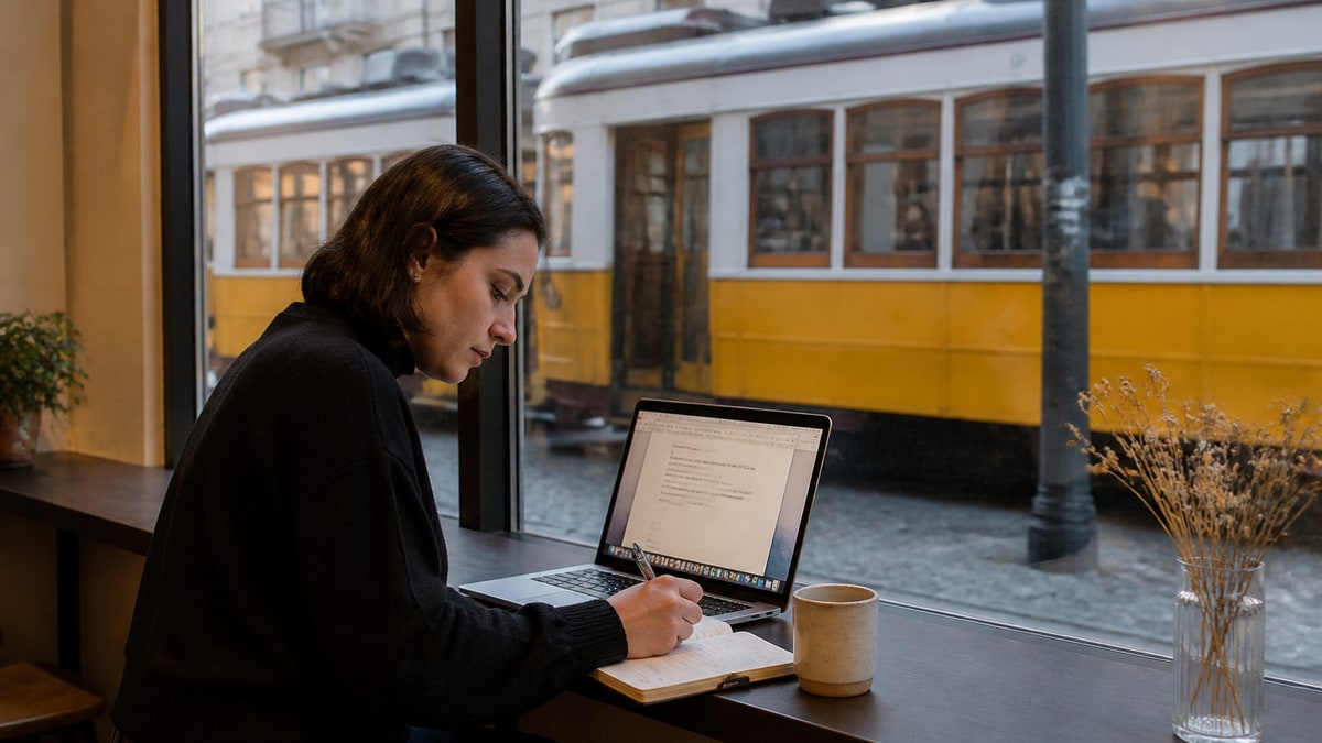 Job seeker at a European cafe applying to jobs on a laptop with a notebook of listings