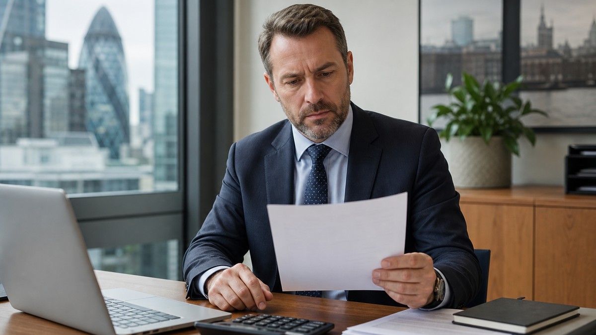 Finance professional reviewing a single-column UK CV at an office desk with laptop and calculator