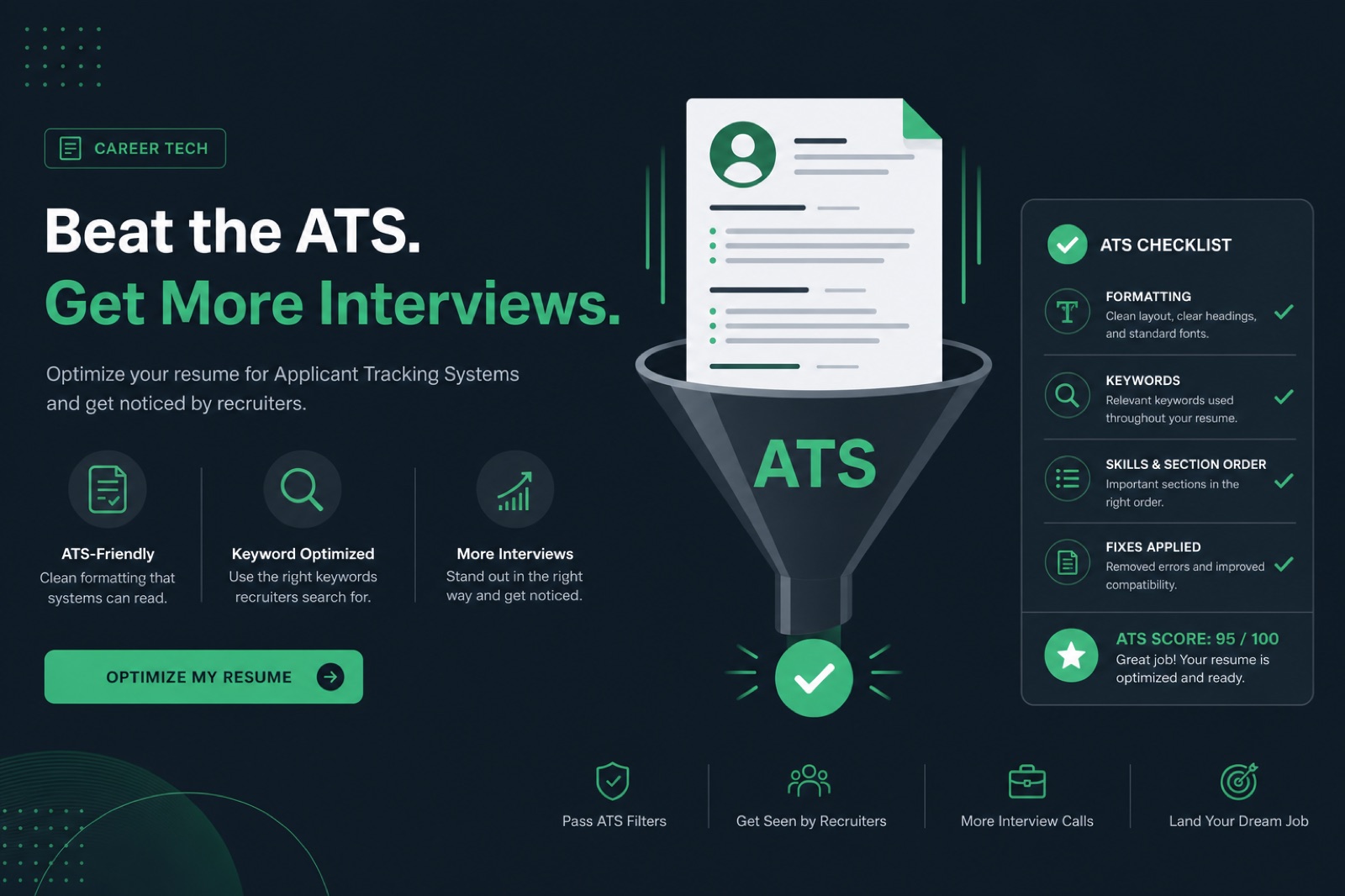 Resume passing through an ATS checker funnel with a formatting checklist on a recruiter desk