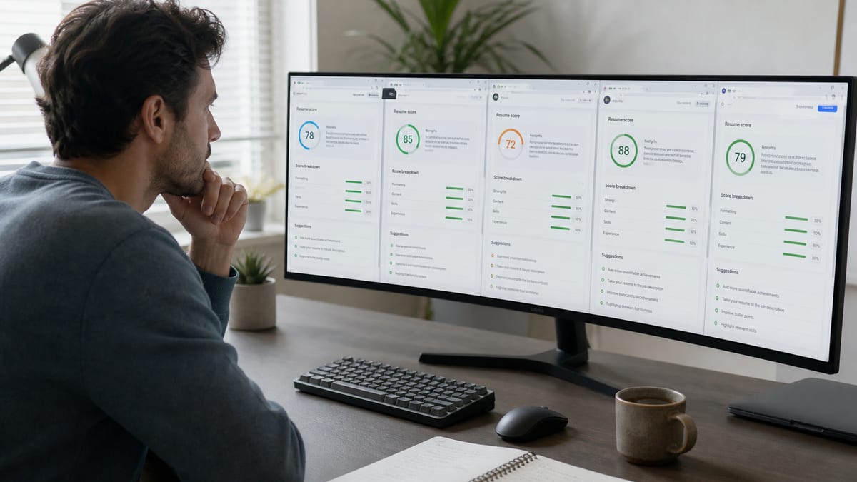 Job seeker comparing resume checker websites on a wide monitor