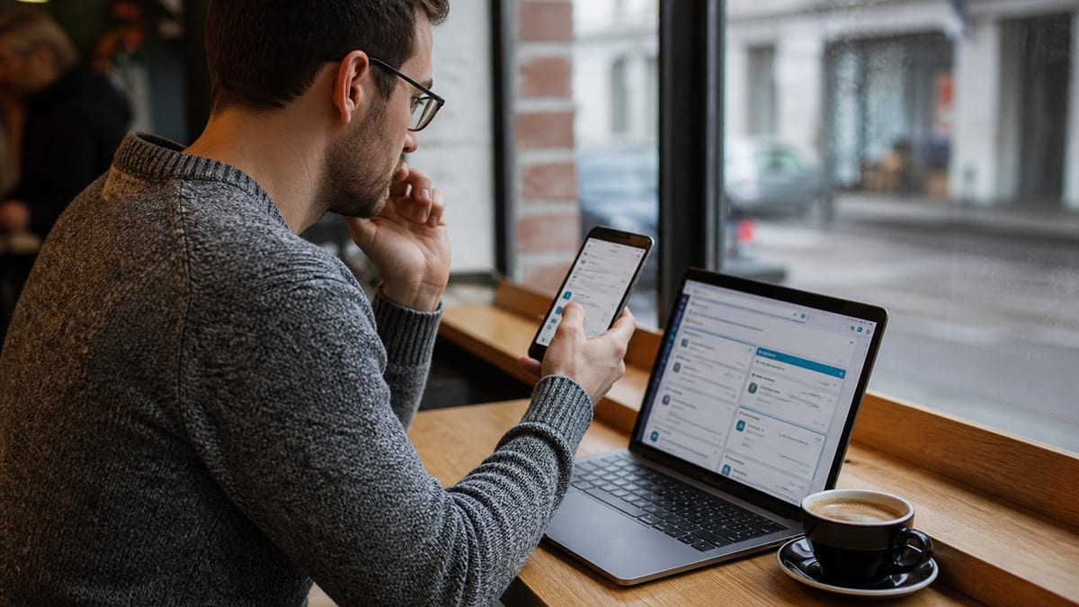 Job seeker comparing free resume checkers on a laptop and phone at a cafe