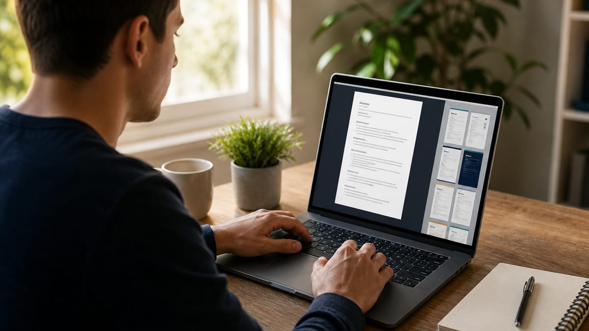 Job seeker building a clean single-column resume on a laptop
