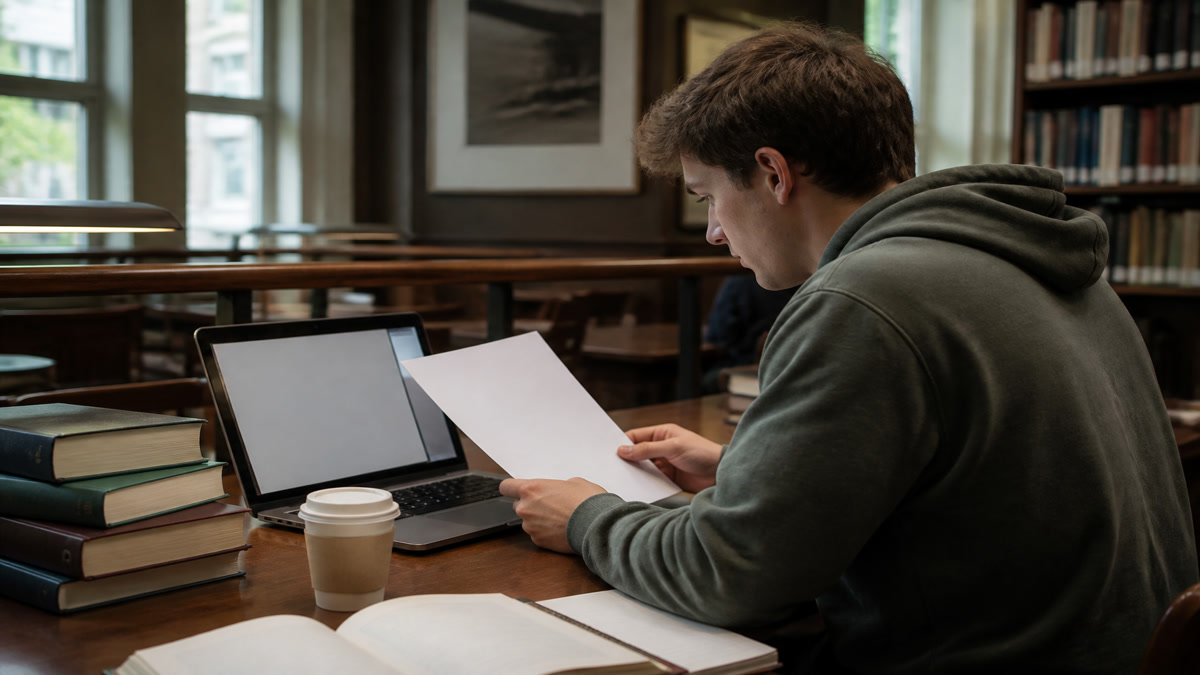 College student reviewing a clean resume template on a laptop at a library desk