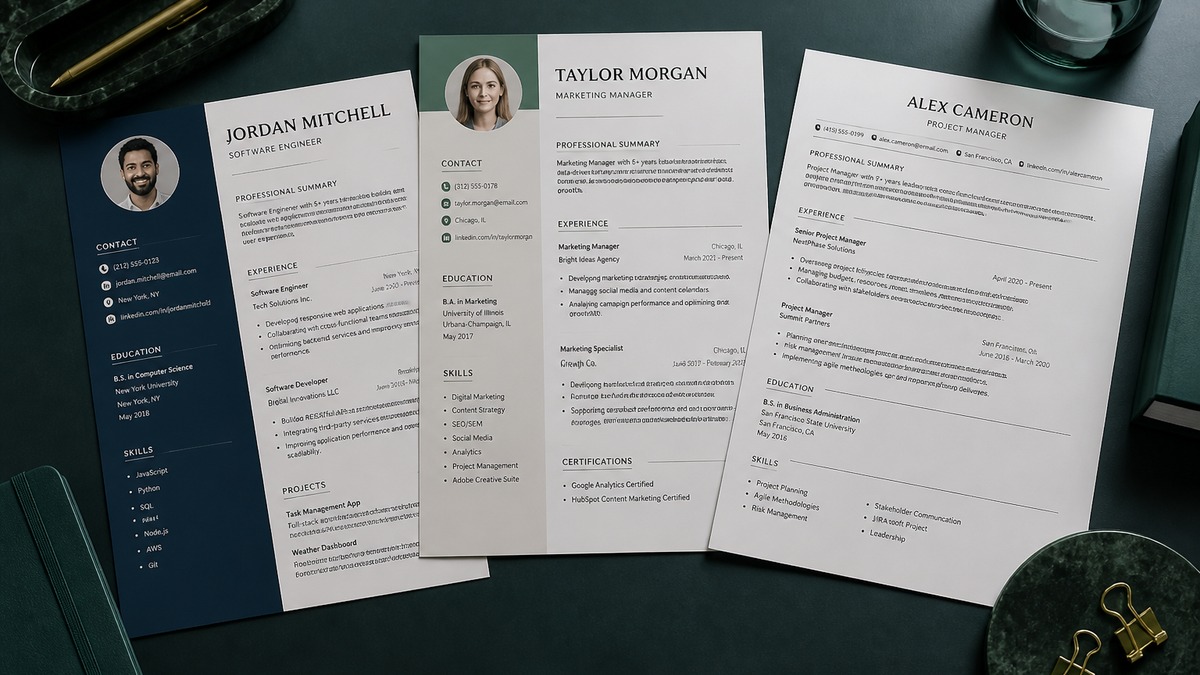 Three printed resume templates on a desk, only the simple single-column one looking parse-friendly