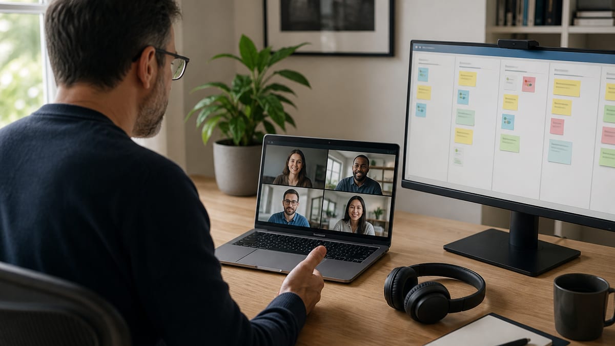 Home office video call with a second monitor showing a team board