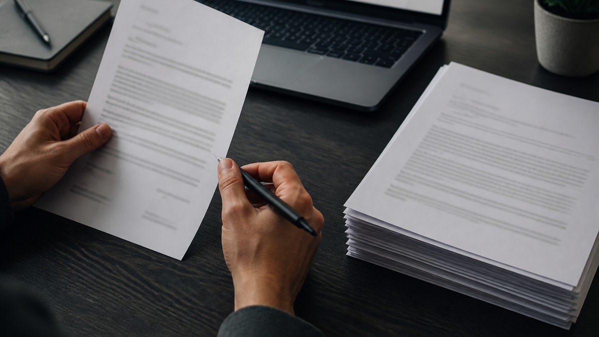 Hands trimming a printed cover letter beside a two-page stack on a dark desk