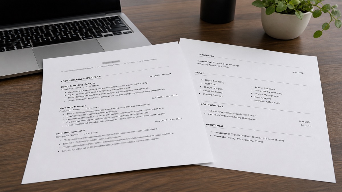 Two-page single-column resume on a desk beside a laptop showing ATS parsing results