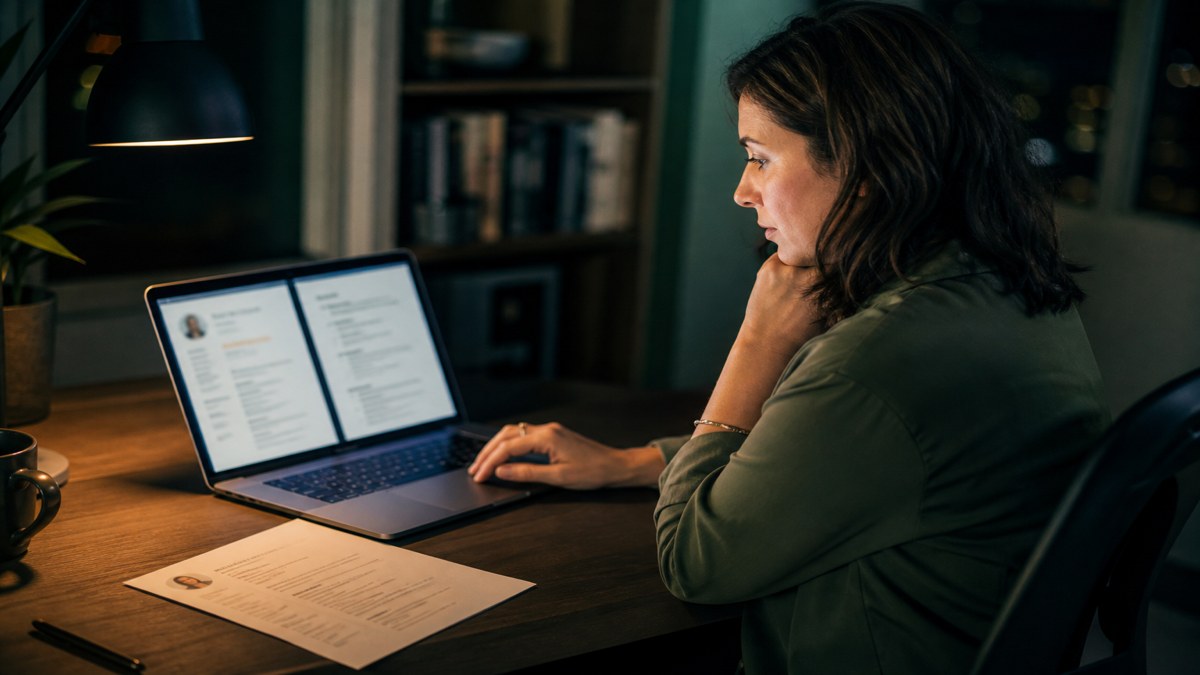 Professional comparing a resume and job posting on a laptop to see if AI can tailor a resume