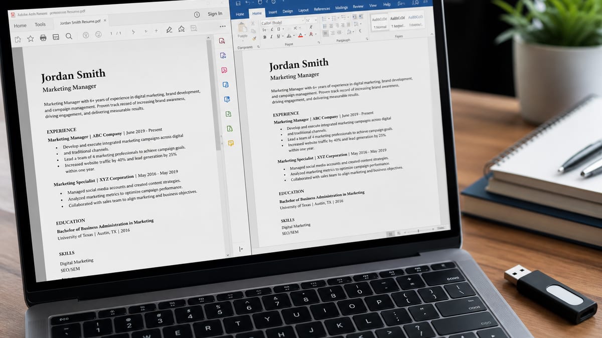 Laptop showing the same resume as a PDF and a Word document