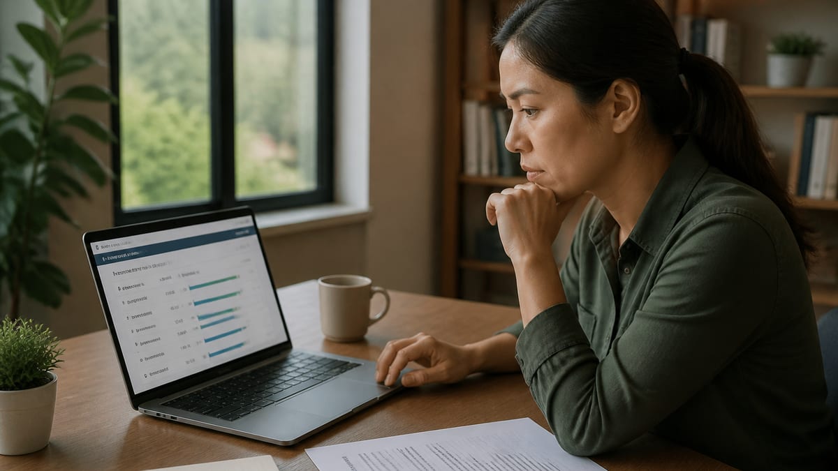 Job seeker comparing a resume to a printed job description on a laptop