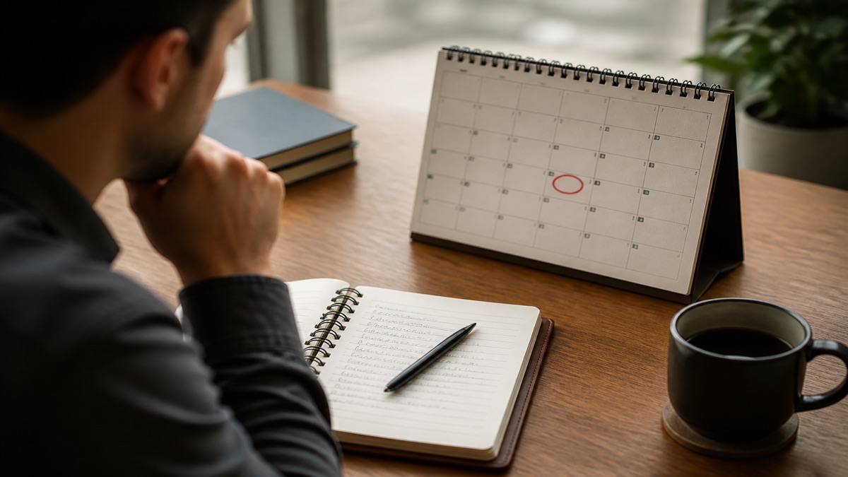 Desk calendar and notebook planning a second raise conversation