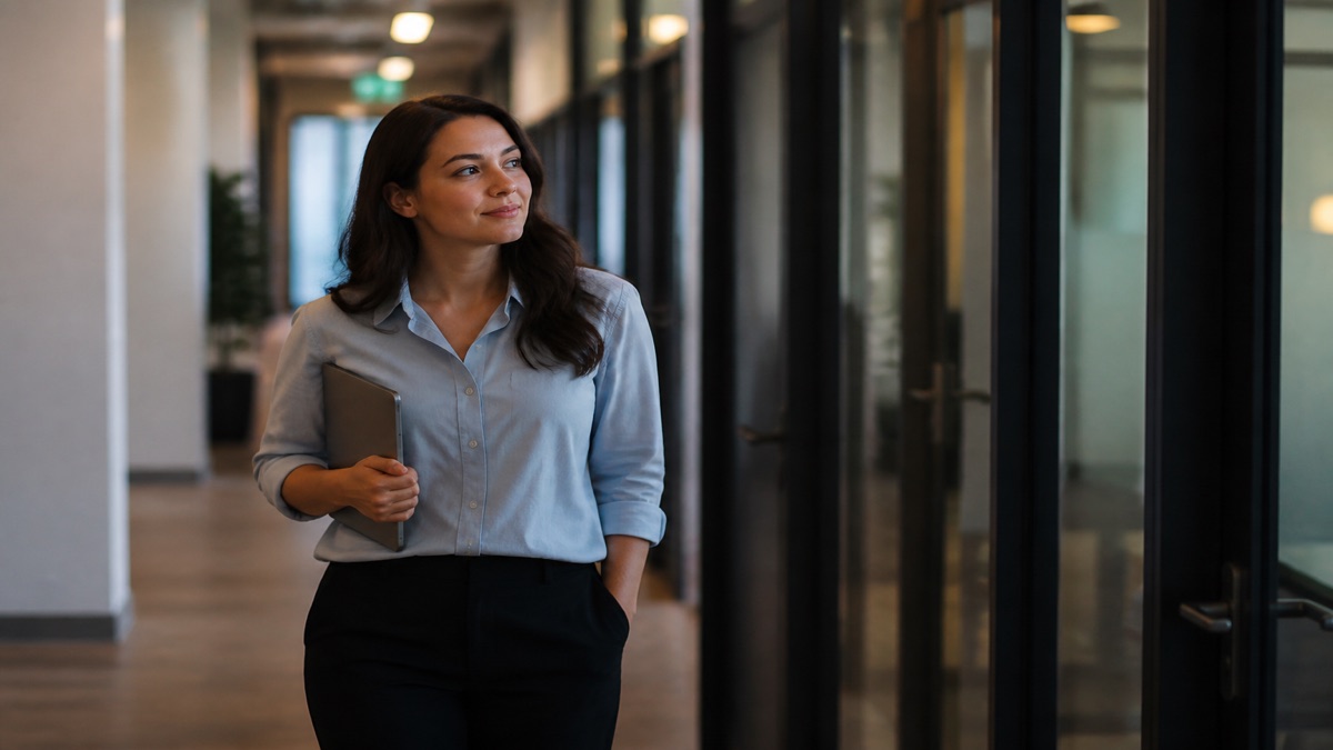 Person walking a quiet office hallway after a pay conversation