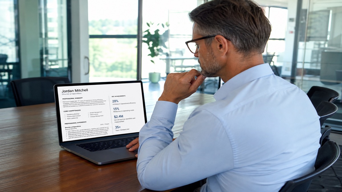 Professional reviewing a promotion-ready resume with leadership metrics highlighted on a laptop