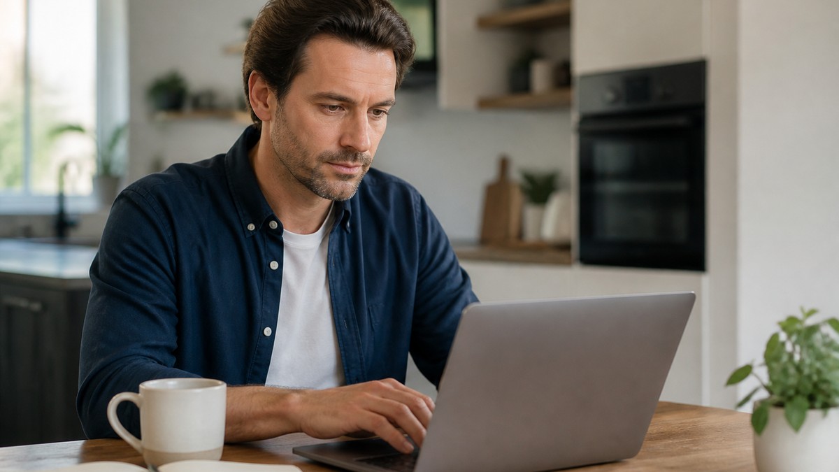 Mid-career professional editing a resume on a laptop at a home desk with coffee and notebook