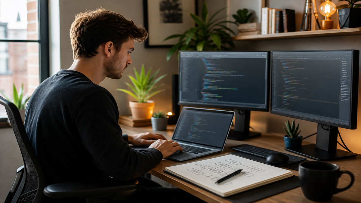 Remote software engineer planning career growth on a laptop at a home office desk
