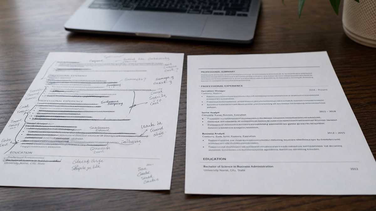 Split screen showing a raw ChatGPT resume draft full of markdown symbols next to a cleaned-up ATS-safe resume