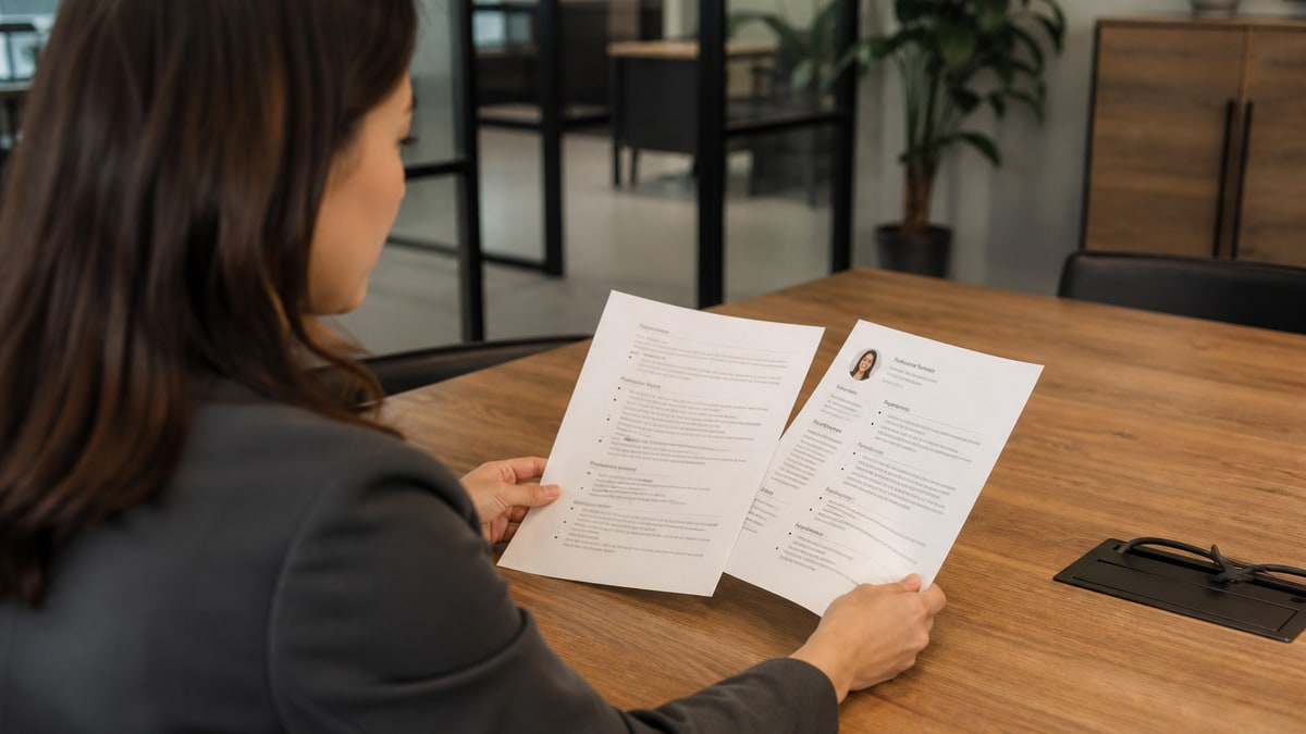 Split-screen comparison of a chronological resume timeline and a functional resume skills-grouped layout with an ATS scan overlay